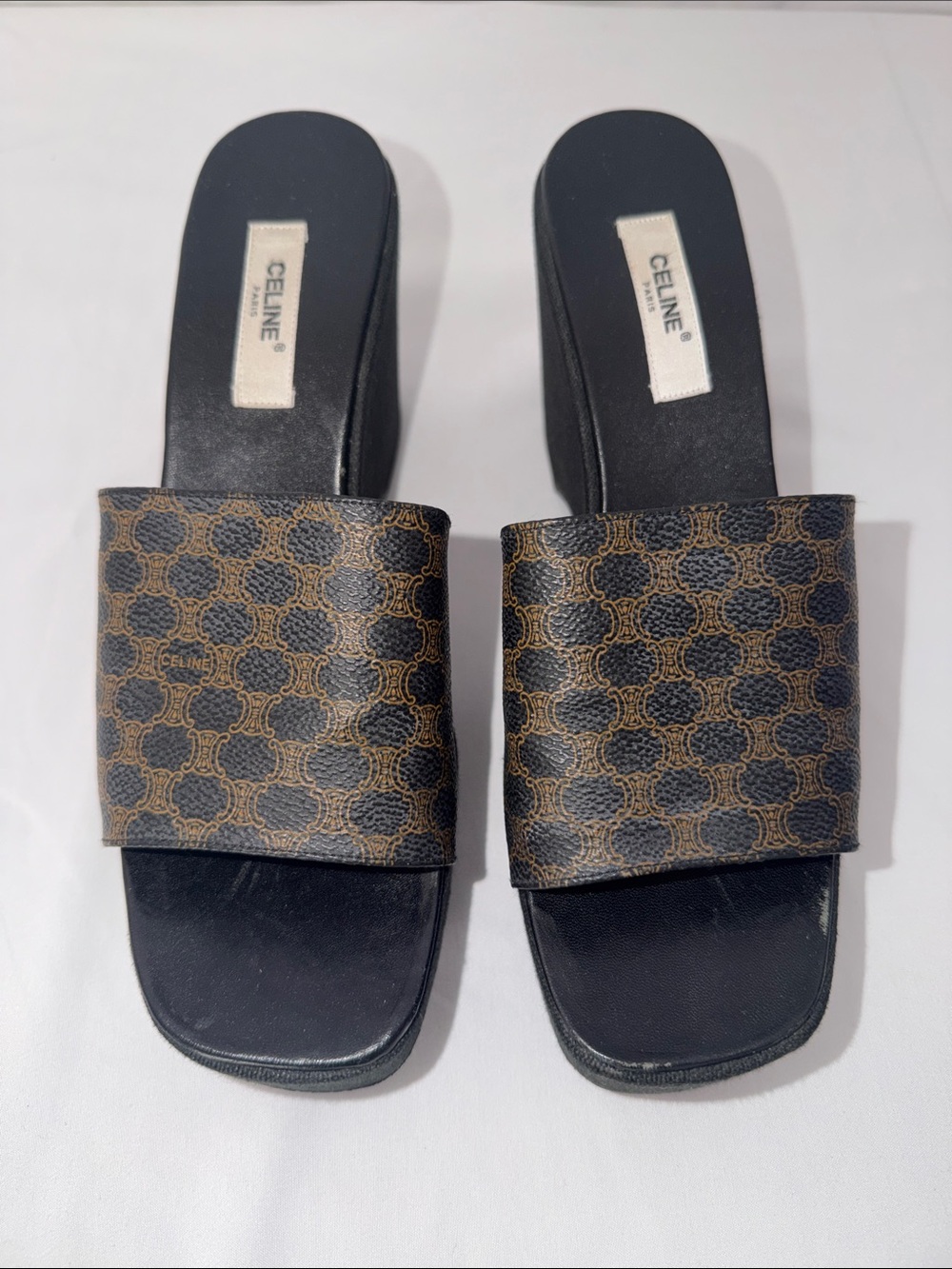 Celine Black & Brown Monogram Wide Band Slide Mules